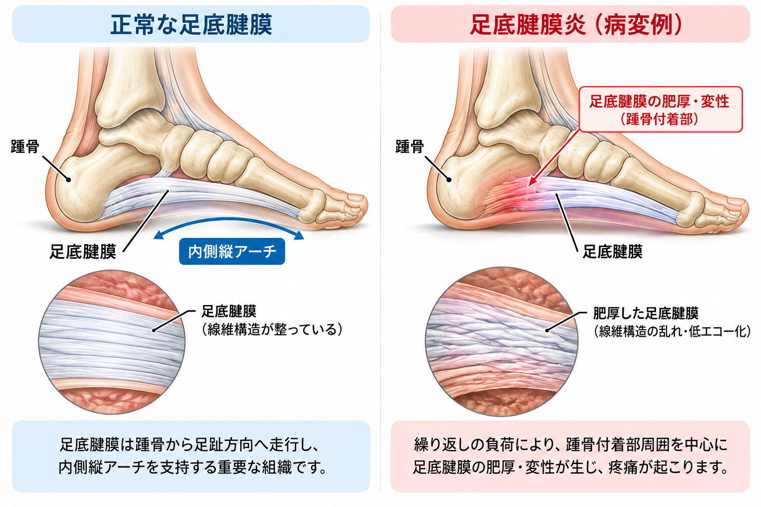 正常な足底腱膜と足底腱膜炎の比較