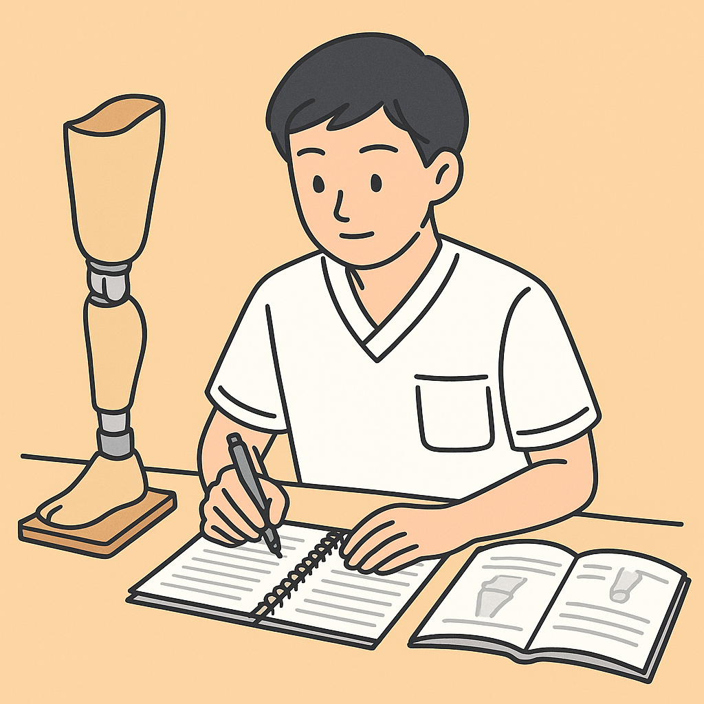 ケーシーを着た学生が義肢装具を学んでいるイラスト